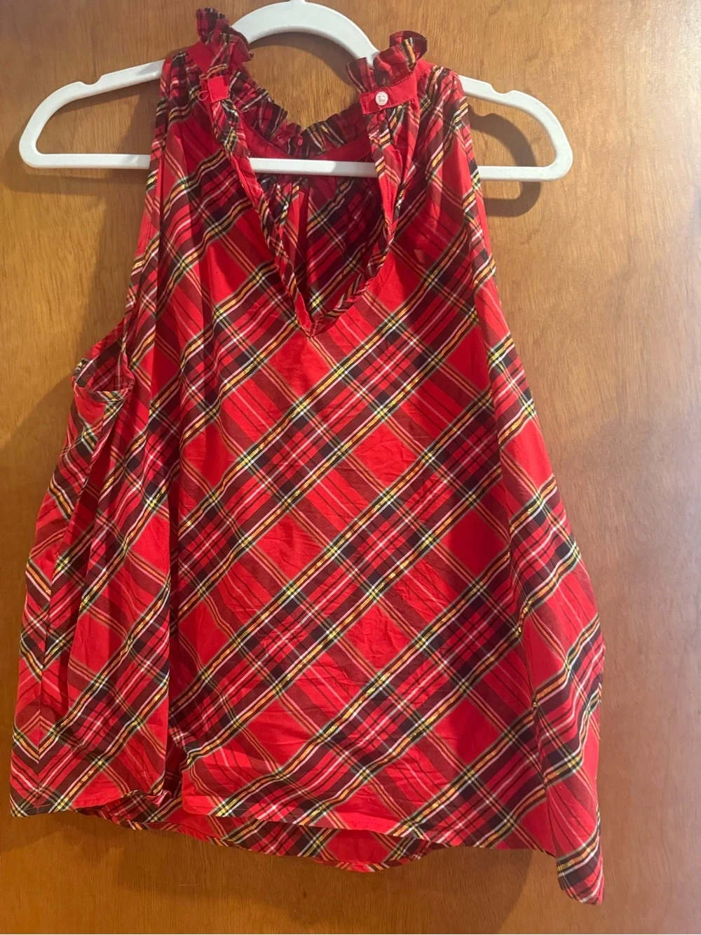 J. Crew Red Plaid Ruffled Neck Tank Top